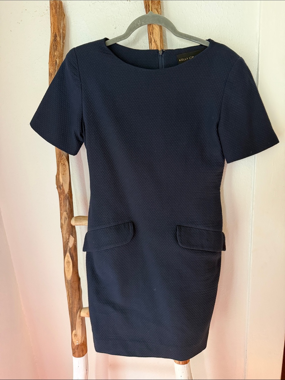 Kelly Graham NY Navy Tailored Short-Sleeve Mini Sheath Dress Gold Flower 4
